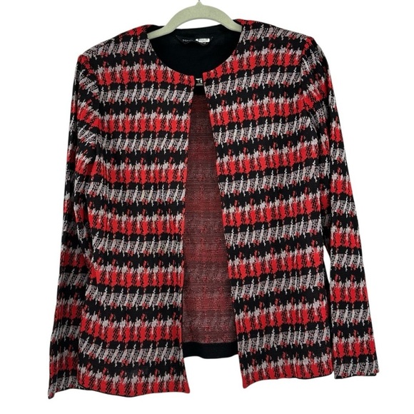 Ming Wang Houndstooth Cardigan Sweater Red Black Gray Size Large - Picture 1 of 5